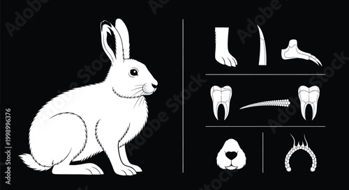 White Rabbit Vector Illustration Set Featuring Full Fluffy Body And Detailed Anatomy Parts Including Teeth And Tail Isolated On Black