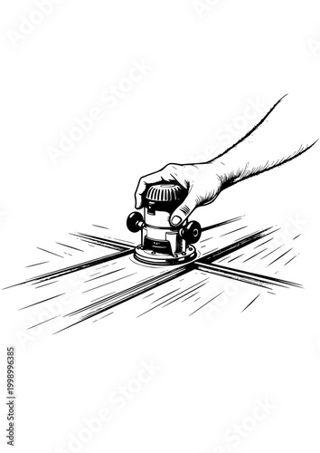 Hand operating a router with focused intent over wooden surface