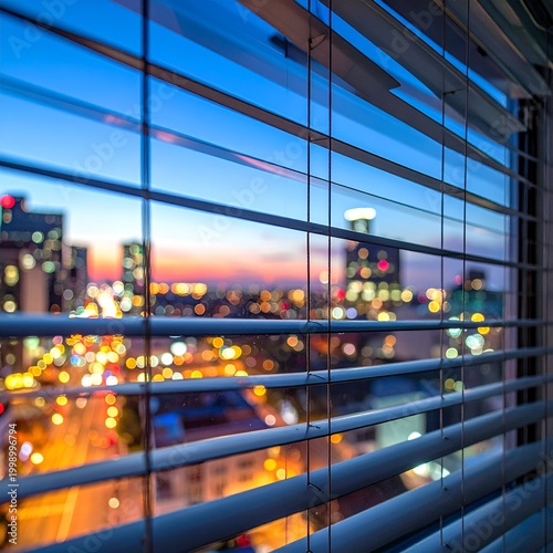 City lights through window blinds at dusk, creating a serene urban view.