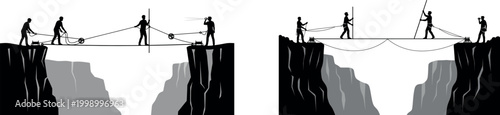 Silhouette workers crossing mountain cliff gap with rope bridge teamwork manual labor engineering construction teamwork danger heights project
