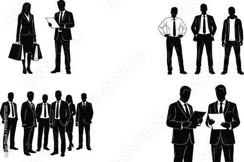 Professional business silhouettes showcasing teamwork, corporate collaboration, office communication, and workplace attire in diverse organizational group interactions