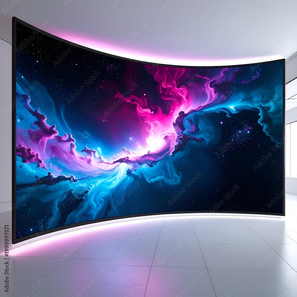 Fototapeta premium Immersive Curved Display Showcasing a Vibrant Nebula, Enhanced with Ambient Lighting.