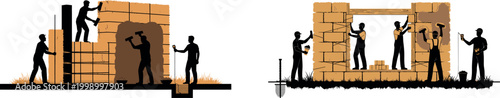 Silhouette workers building brick wall with scaffolding teamwork manual labor masonry construction engineering site project blocks mortar structure