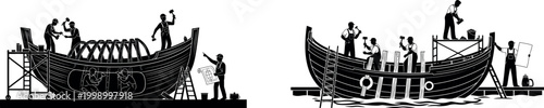 Silhouette shipyard workers building wooden boat hull with teamwork manual labor carpentry maritime engineering construction scaffolding vessel project