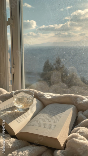 Pair of eyeglasses resting on an open book over a fluffy white blanket in warm morning sunlight by a window with floating dust particles