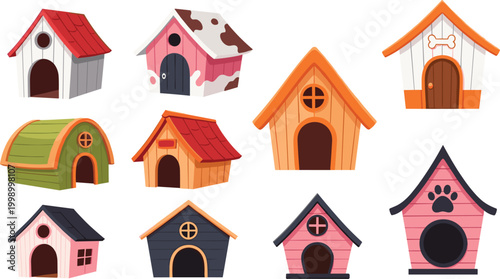Cute cartoon dog house collection colorful pet shelter icons set isolated vector illustration for animal care and pet home designs