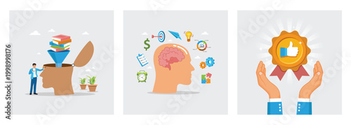 Head with book stack in funnel. Human brain with icons for productivity. Award Medal With Thumbs Up.