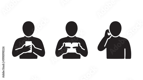 Mobile Device Usage Icons People Using Smartphone Tablet Communication Technology Silhouette Set