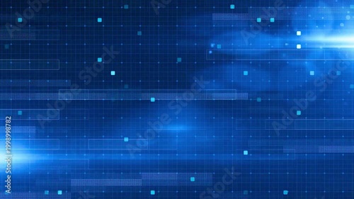 Professional 4K motion graphic of a digital high-tech grid with animated square elements and light streaks, perfect for corporate presentations and AI technology visuals.
