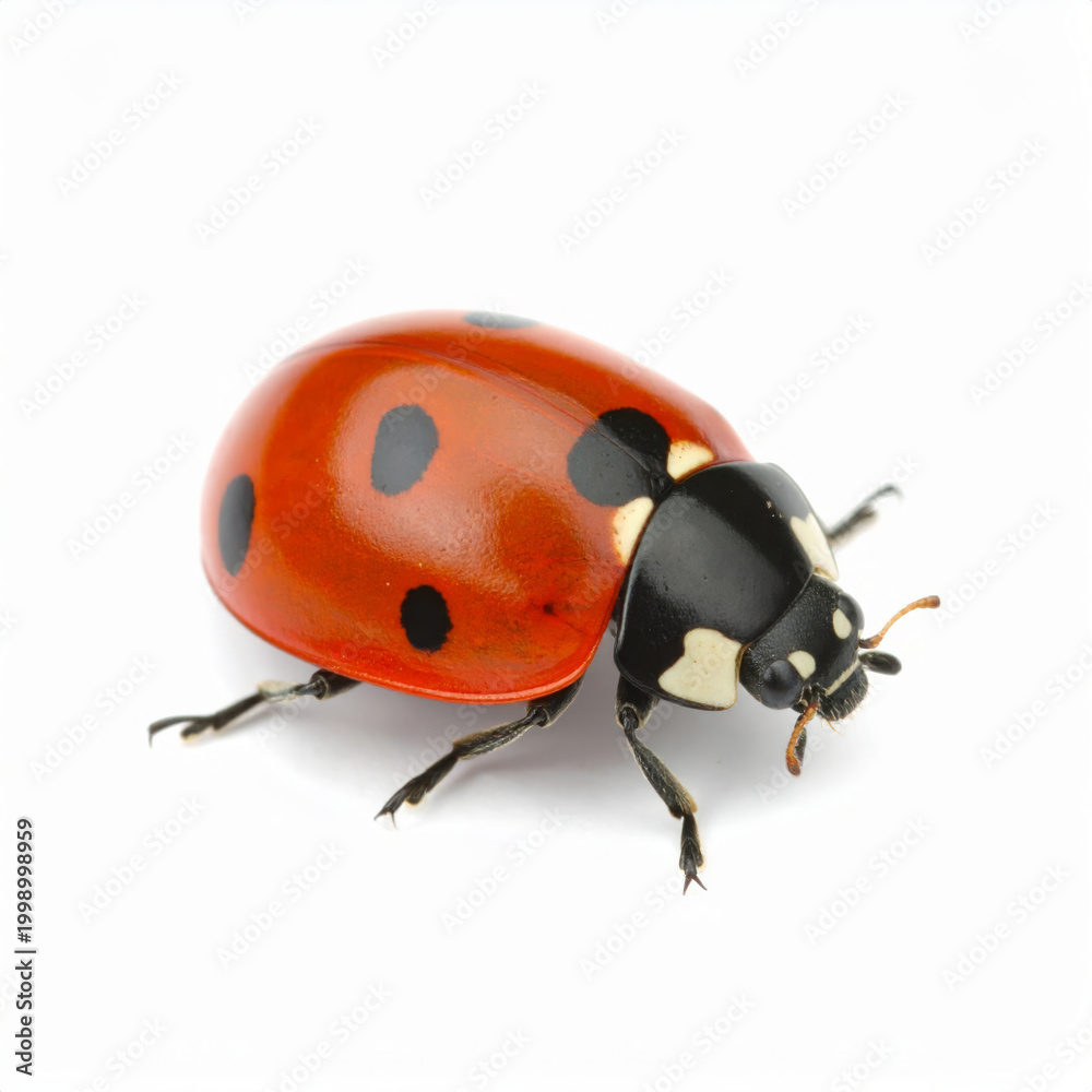Fototapeta premium Ladybug isolated on white background, close-up macro view of red spotted beetle with glossy shell and black legs
