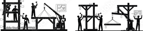 Construction workers in silhouette collaborating on wooden scaffolding structure building framework with teamwork and manual labor engineering project