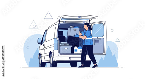 Delivery person loading boxes into a van, logistics and shipping concept