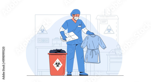 Healthcare worker in protective gear disposing of medical waste and PPE in biohazard bin