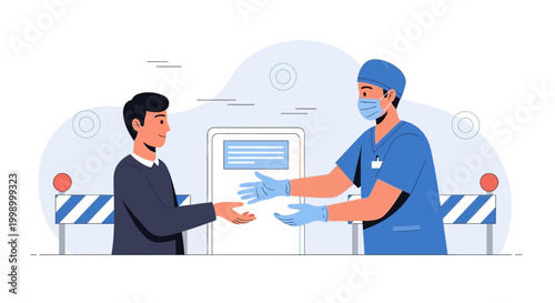 Healthcare worker in protective gear hands item to person at checkpoint