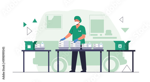 Healthcare worker in protective gear packing medical supplies from a van