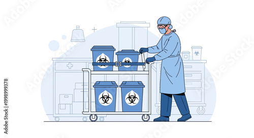 Healthcare worker in protective gear transports biohazard waste bins on a cart
