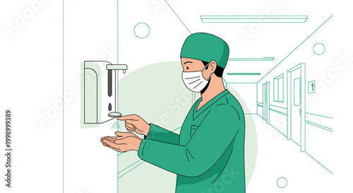 Healthcare worker in scrubs and mask sanitizing hands in hospital hallway