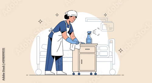 Healthcare worker sanitizing hospital room, cleaning bed and nightstand with spray