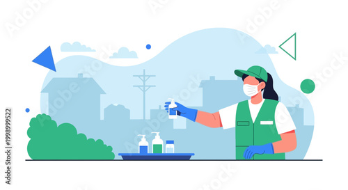 Healthcare worker sanitizing in residential area, promoting hygiene and safety