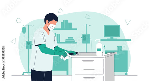 Healthcare worker sanitizing medical equipment in a clinic, preventing infection