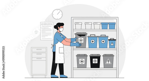 Healthcare worker sorts medical waste in a specialized recycling facility, promoting sustainability and safety.