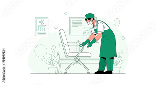Healthcare worker sanitizing waiting room chair, hygiene and disinfection concept