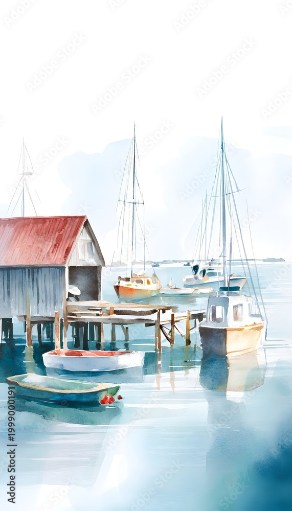 Fototapeta premium Serene seaside boathouse watercolor illustration evokes calm coastal living and maritime tranquility