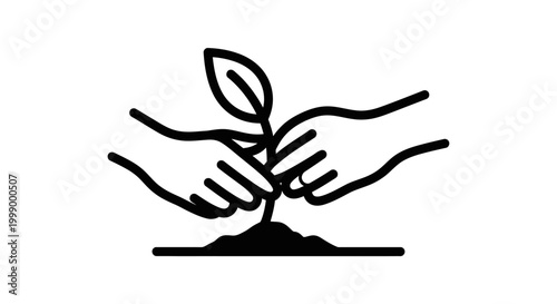 Black line art of hands planting a seedling