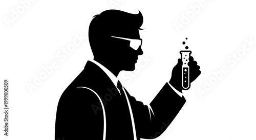 Black silhouette of a man in a suit holding a test tube