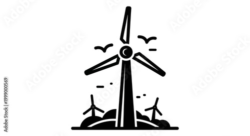 Wind turbines on a hill with birds flying around