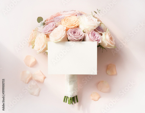 Beautiful bouquet of pastel roses with blank greeting card on white background for wedding or romantic occasion