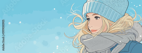 Winter Portrait of Blonde Woman in Warm Winter Clothing