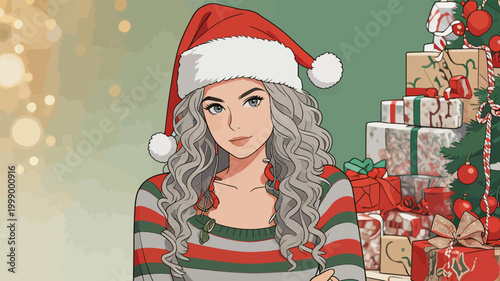 Cozy Christmas themed illustration of a curly haired woman with holiday gifts