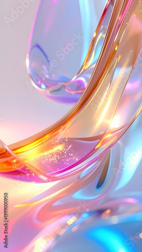 Abstract 3D Liquid Swirls Background with Glowing Glassy Waves - Vibrant Neon Pink Orange and Blue Fluid Curves - Dynamic Futuristic Digital Art with Sparkling Light Effects and Flowing Translucent Mo