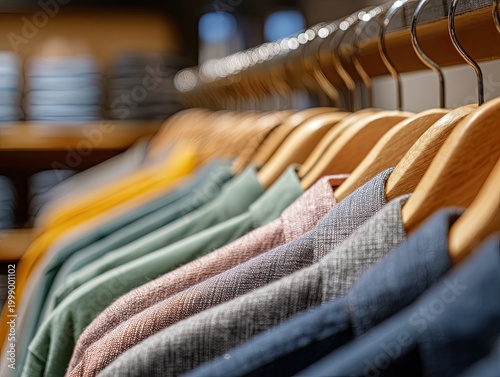 Clothing rack with various colored shirts.