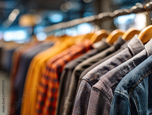Clothing rack with various casual garments.