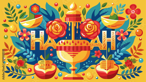Colorful rooster with flowers and chinese calligraphy