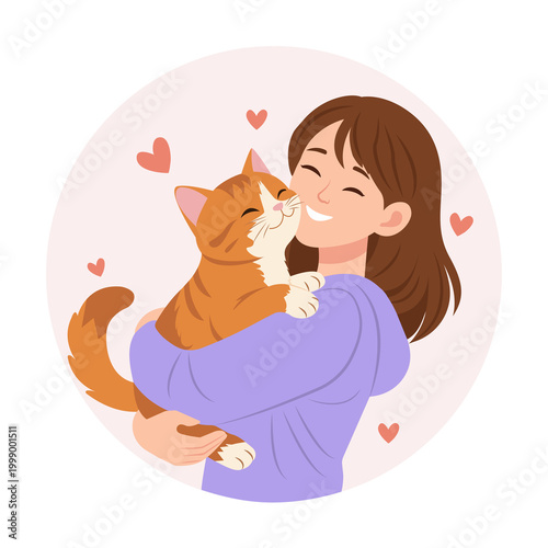 Woman hugs cute cat. Relaxing Friendship of person and pet with hearts isolated on white background, vector illustration