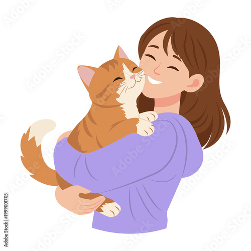 Smiling woman tenderly hugs her orange tabby cat. Happy girl has fun together with pet.Pet owner.Vector Illustration