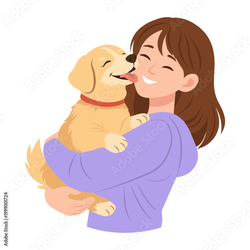 A cute girl cuddles with an adorable dog. Pet owner. Happy woman and affectionate doggy friend, companion. Affection and tenderness.Vector