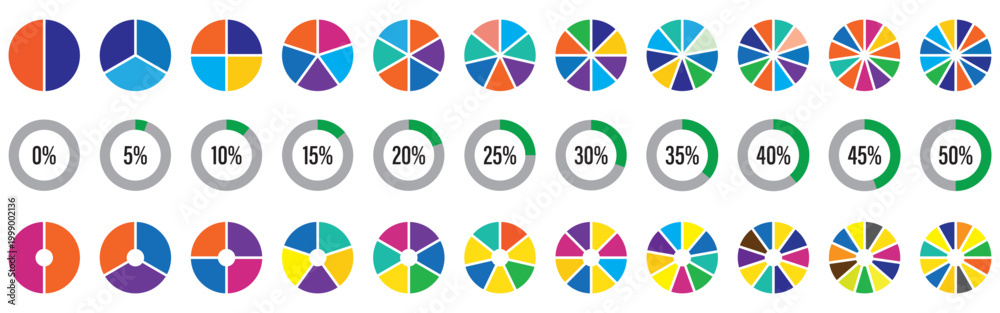 Obraz premium Pie charts diagram set. Circle pie charts 1,2,3,4,5,6,7,8,9,10,11,12 sections. Wheel round segment infographic part. Circle section graph. Pie charts diagrams