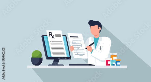Doctor with Rx prescription and computer, modern healthcare concept
