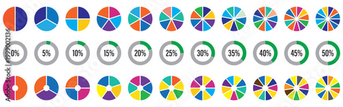 Pie charts diagram set. Circle pie charts 1,2,3,4,5,6,7,8,9,10,11,12 sections. Wheel round segment infographic part. Circle section graph. Pie charts diagrams