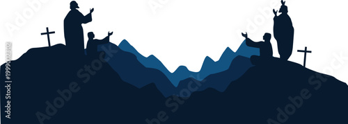 Ascension Day of Jesus Silhouette with Disciples, Followers Praying on The Mountain Looking Up. Vector Isolated