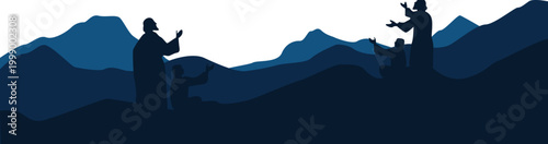 Ascension Day of Jesus Silhouette with Disciples, Followers Praying on The Mountain Looking Up. Vector Isolated