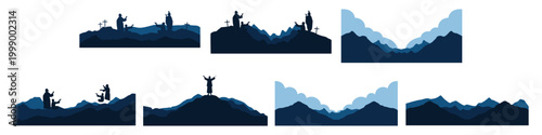 Ascension Day of Jesus Silhouette with Disciples, Followers Praying on The Mountain Looking Up. Vector Isolated