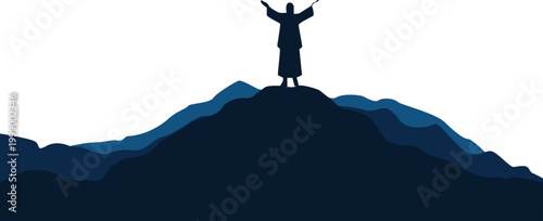 Ascension Day of Jesus Silhouette with Disciples, Followers Praying on The Mountain Looking Up. Vector Isolated