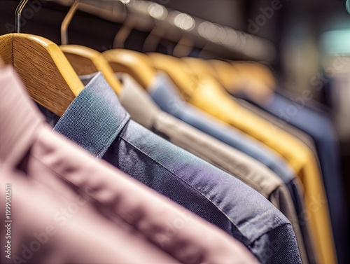 Row of shirts on wooden hangers.