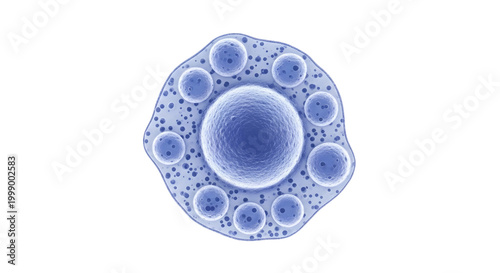 blue microscopic cell with circular structures and textured surface in science visualization