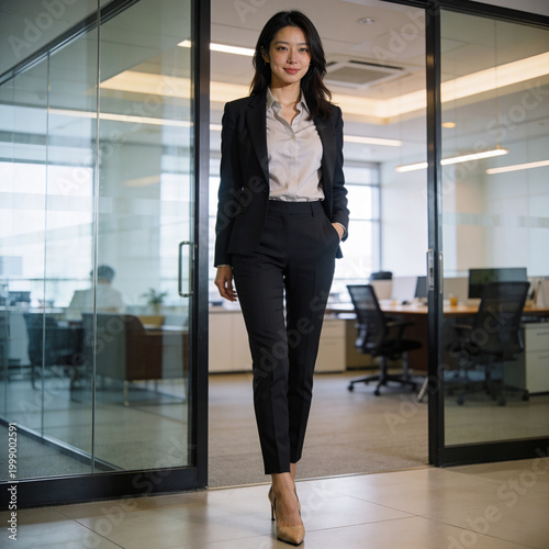 Asian businesswoman walking out of meeting room in modern office corporate environment